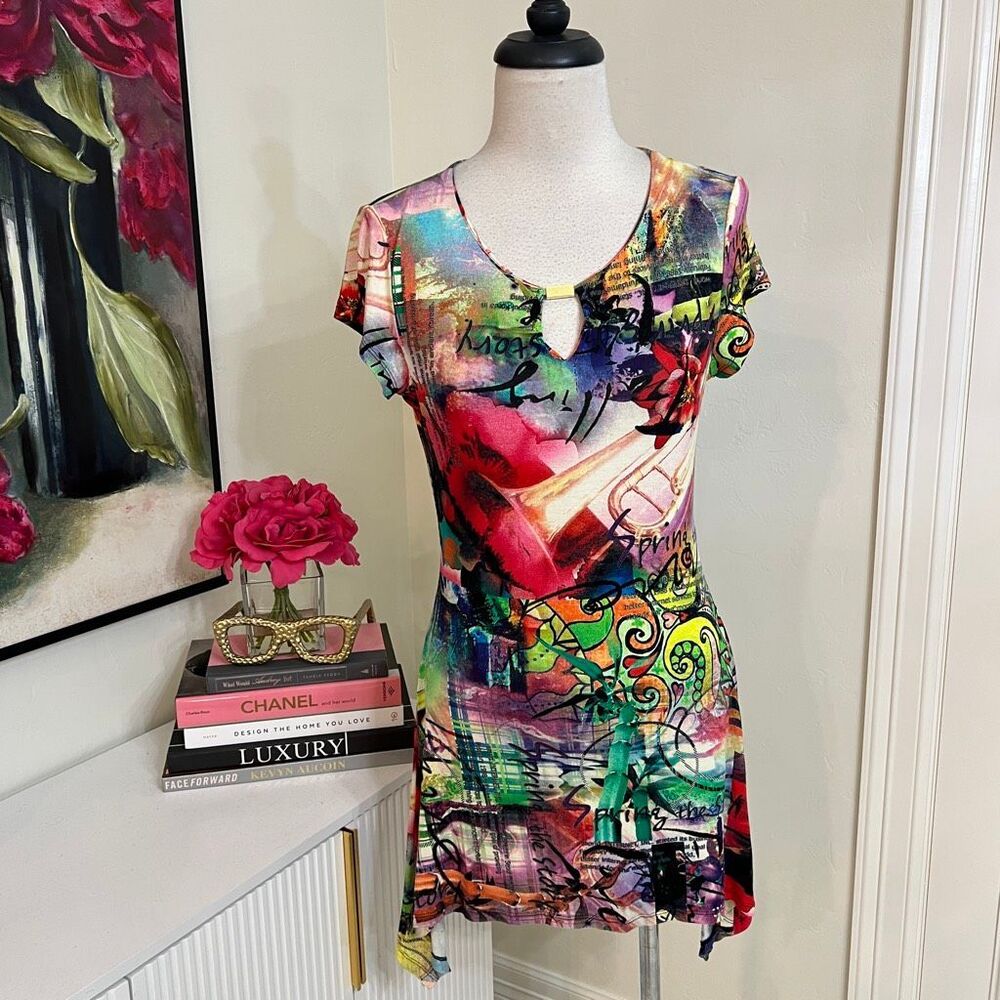 Linea Domani Womens Graphic Keyhole Neck Short Sleeve Tunic Top Multicolor Small